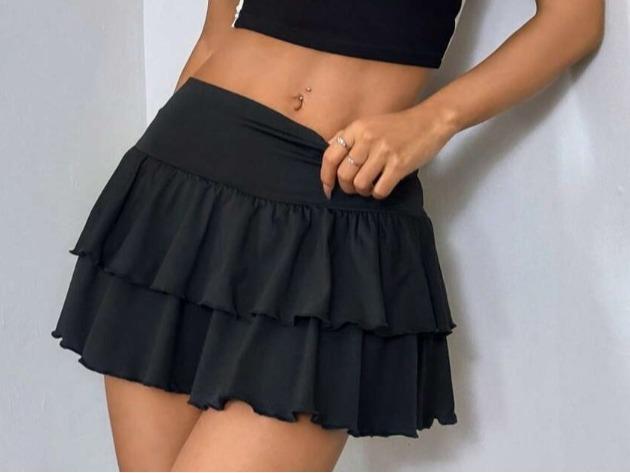 Women's Plain Black Double Layer Ruffle Hem A-Line Skirt For Summer Outfit (#15)