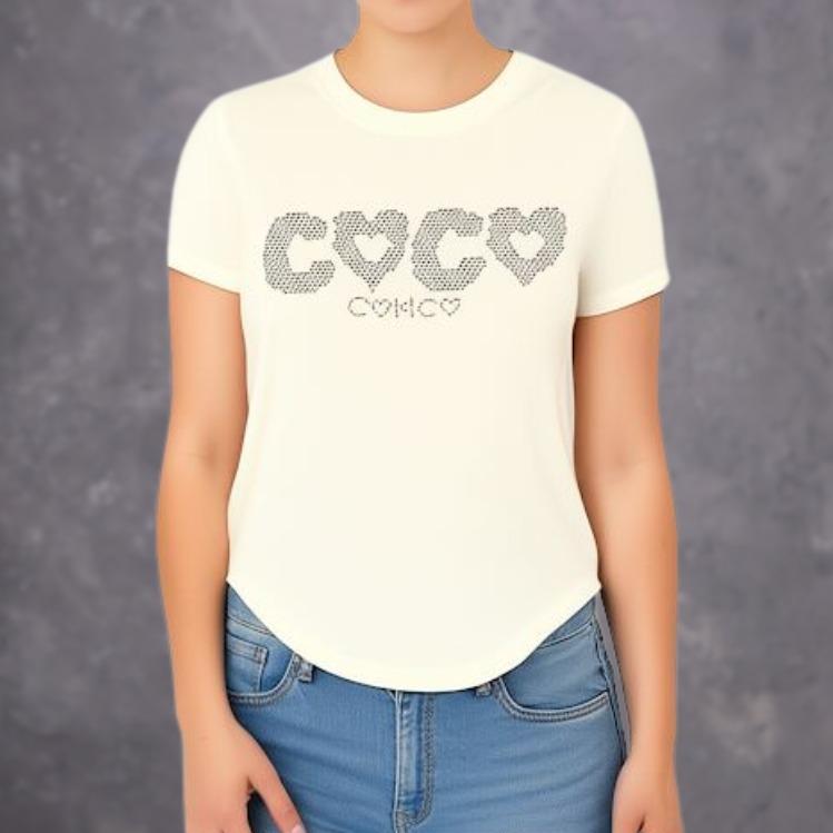 Bling Top Tee Shirt- Korean Style Women's Wear with Sparkling Designs on White Cream Fabric