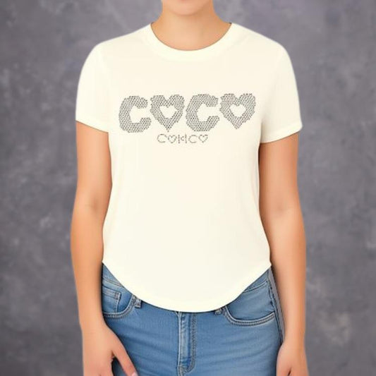 Bling Top Tee Shirt- Korean Style Women's Wear with Sparkling Designs on White Cream Fabric