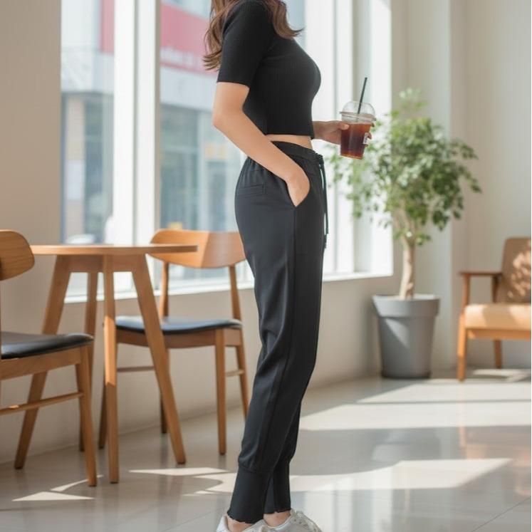 FP074-1 Women's Classic Ferry Pure Cotton Pants Plain Black Color