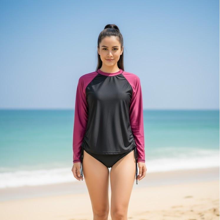 Women Attarco Rash Guard Top Crew Neck Long Sleeves Printed Swim Shirt Top