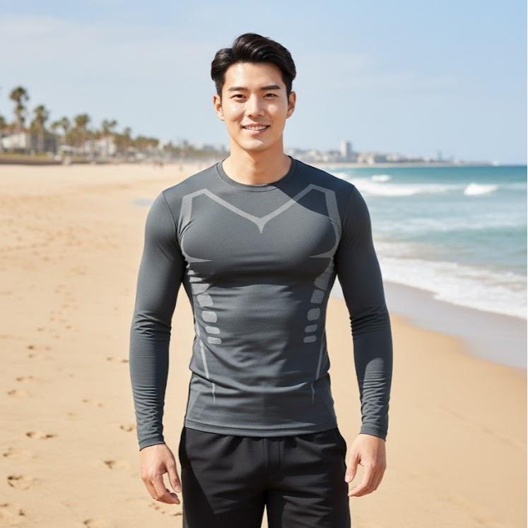 Men's Rash Guard Top Crew Neck Long Sleeves Printed Swim Shirt Top