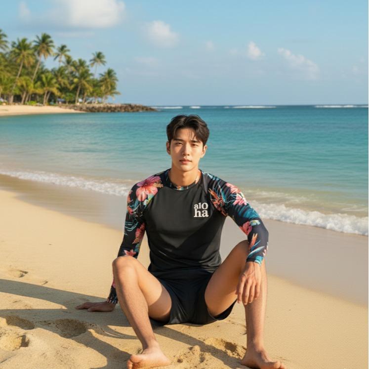 Men's RASH GUARD Aloha Hawaii Design Black Color (#19)