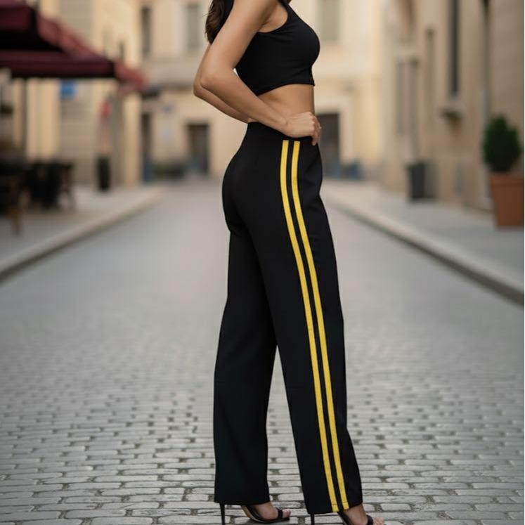 FP9024B Women's Classic Cotton Straight Pants with Yellow or White Stripes