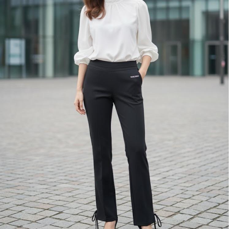FP63097 Women's Classic Ferry Pure Cotton Pants Plain Black Color with Downstring in Bottom