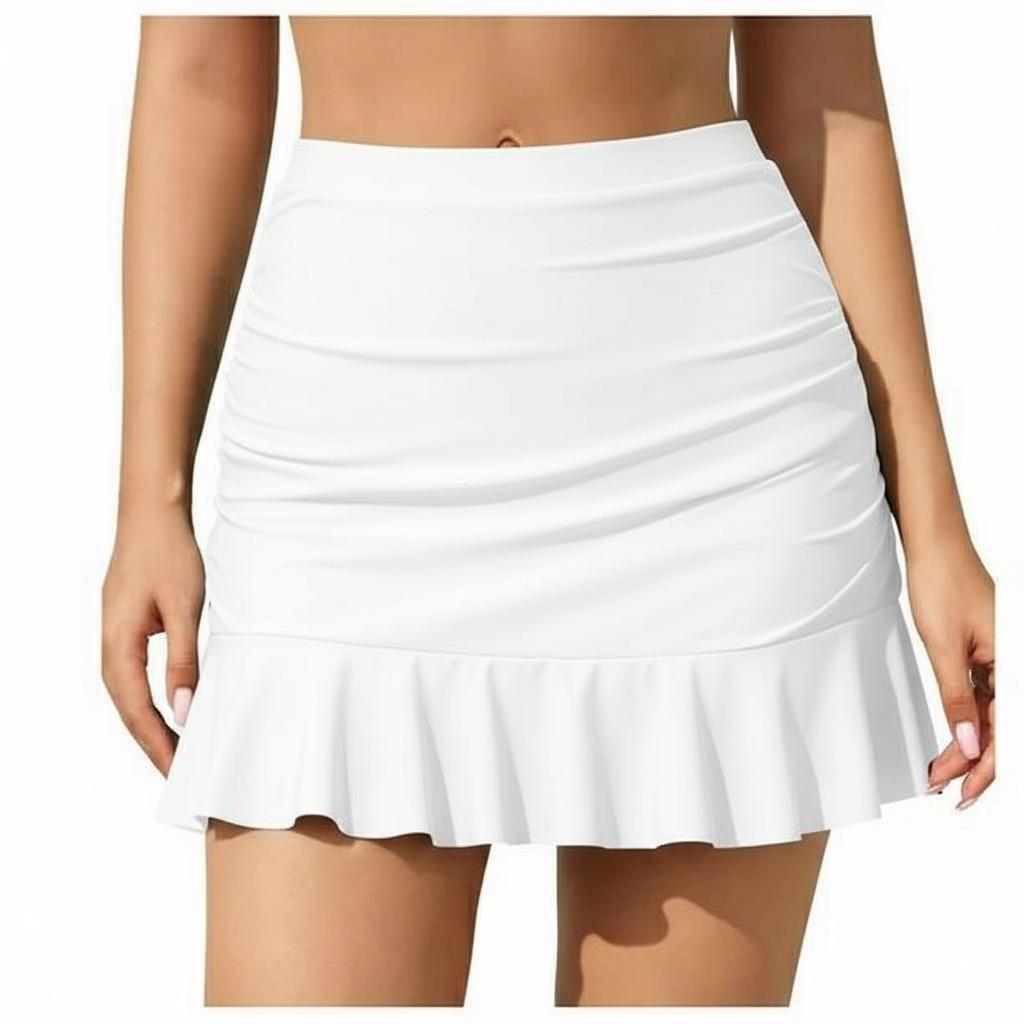 Plain White Skirt Panty Swim Wear with Single Ruffle for Summer Comfortable Fit Trendy Design (#8)