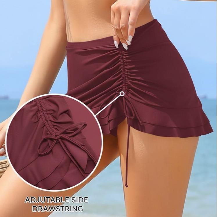 Women's Plain Swimdress Ruffle Swim Skirt High Waist Side Pull Tie Swimsuit Bottom (#16)