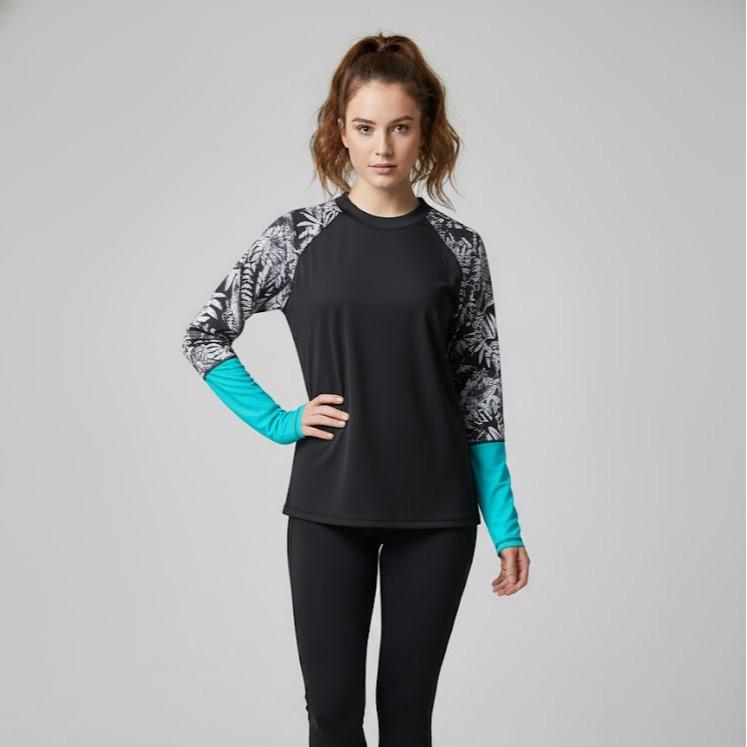 Women Rash Guard Top Crew Neck Long Sleeves Printed Swim Shirt Top
