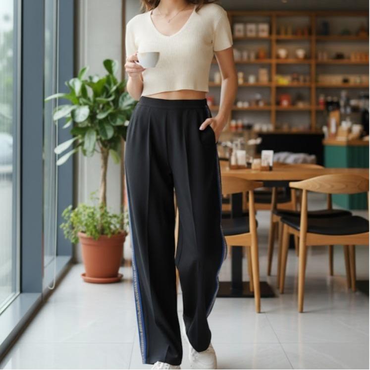 FP9007 Women's Classic Cotton Straight Pants with Yellow/Violet/Blue Stripes