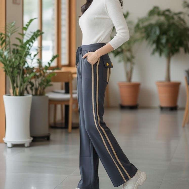 FP9338B Women's Classic Cotton Straight Pants with White or Gold Lining & Pocket in Back Area