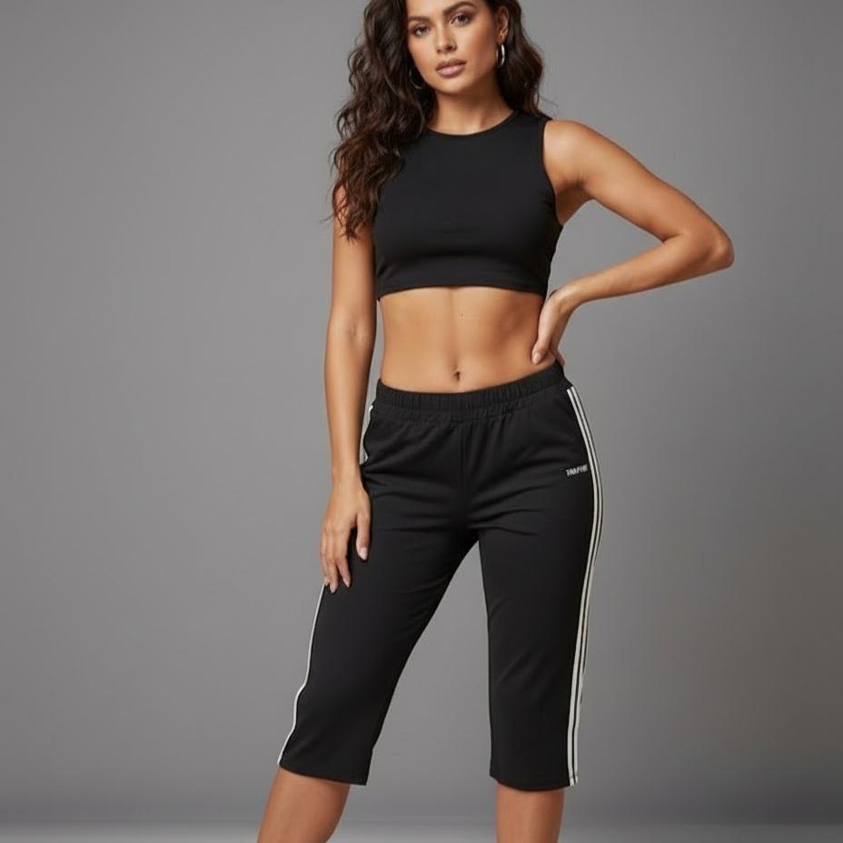 FP8020-7 Women's Classic Cotton Capri Pants with Triple Line Style in White