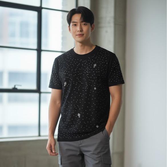 Men's High Fashion T-shirt in White & Black Color for Stylish Outfits with Beads & Bling