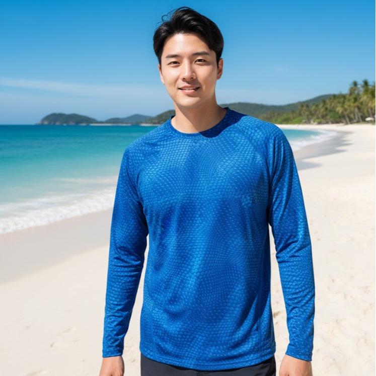 Men's Rash Guard Top Crew Neck Long Sleeves Printed Swim Shirt Top
