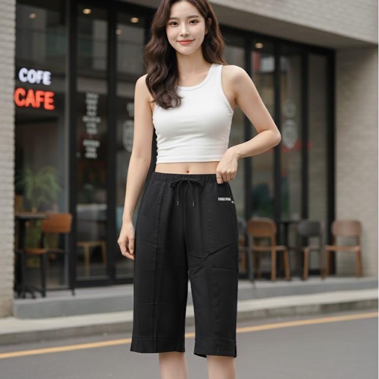 FP23204 Women's Classic Cotton Capri Pants in Plain Black Color