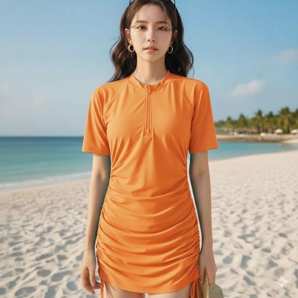 Womens Rash Guard UPF 50+ UV Shell Fabric Surf Shirt-Short Sleeve with Downstrings