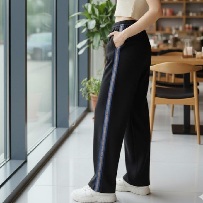 FP9007 Women's Classic Cotton Straight Pants with Yellow/Violet/Blue Stripes