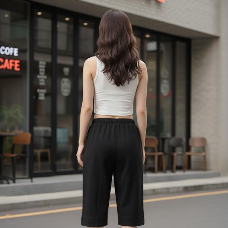 FP23204 Women's Classic Cotton Capri Pants in Plain Black Color