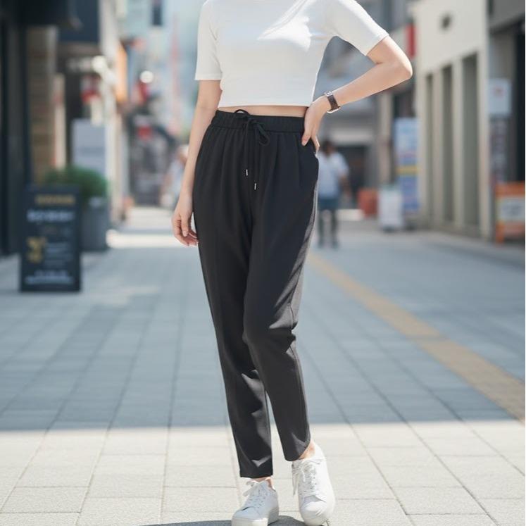 FPF046 Women's Classic Ferry Pure Cotton Pants in Plain Black Color