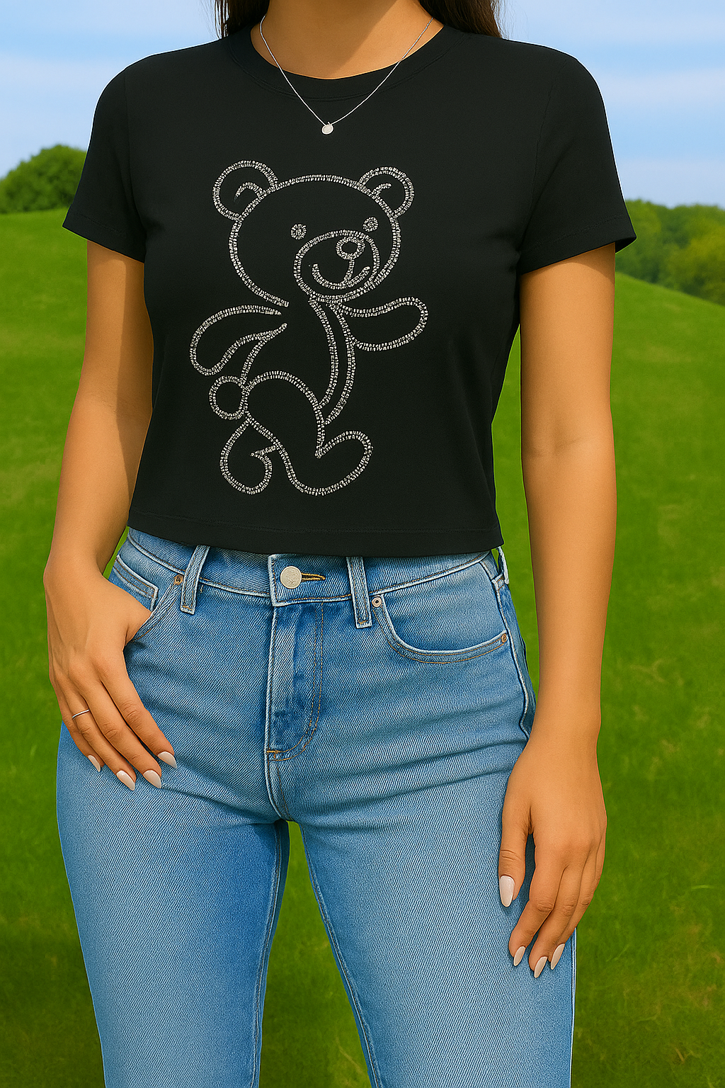 OKIS Black Tee Tops for Female (Bear Design)