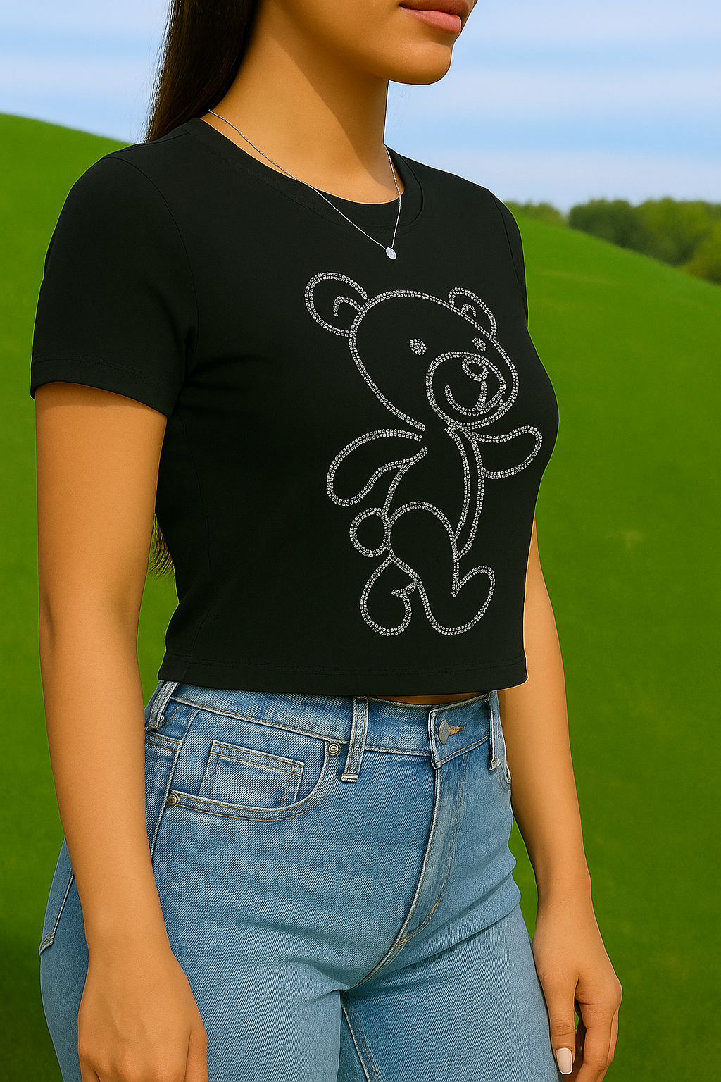 OKIS Black Tee Tops for Female (Bear Design)