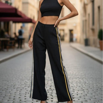 FP9024B Women's Classic Cotton Straight Pants with Yellow or White Stripes