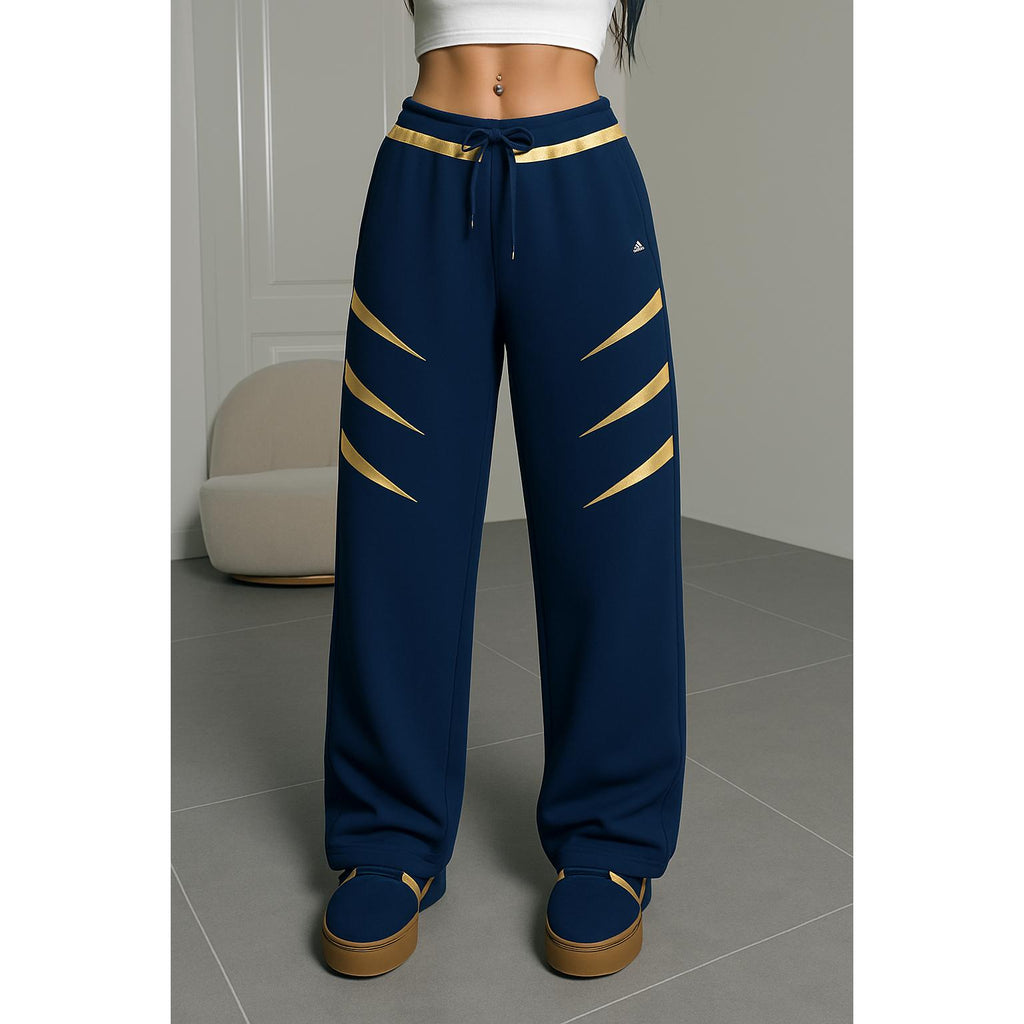 FP9304B Women's Navy Blue Athletic Pants with Gold Accents Design