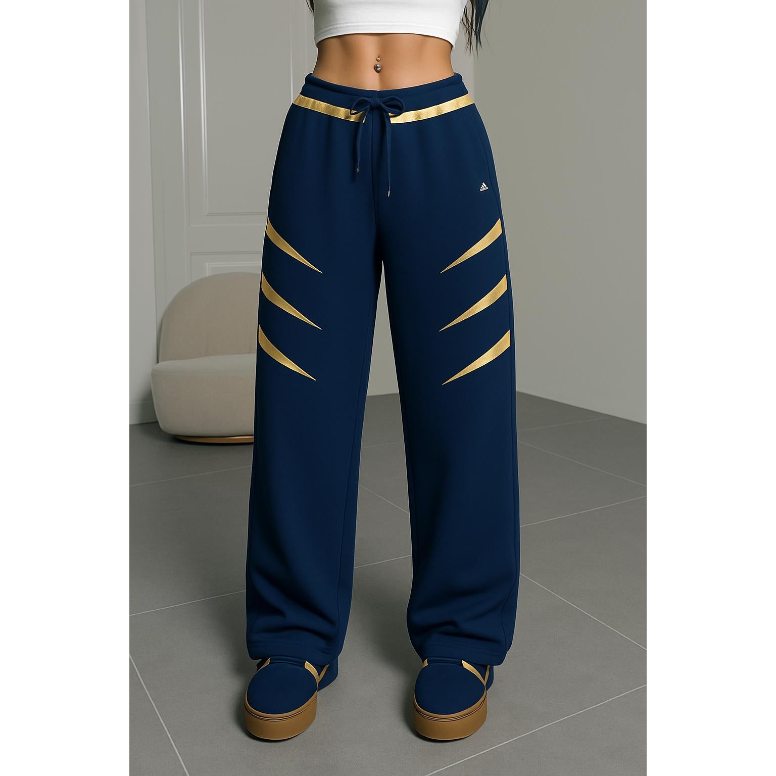 FP9304B Women's Navy Blue Athletic Pants with Gold Accents Design