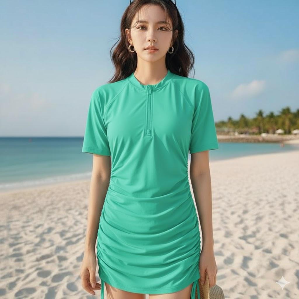 Womens Rash Guard UPF 50+ UV Shell Fabric Surf Shirt-Short Sleeve with Downstrings