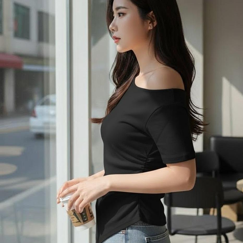 8822 Women's Cotton Plain Off-Shoulder in Cream & Black Color