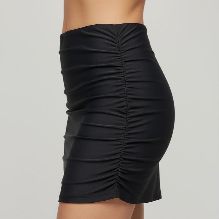 Plain Black Solid Skinny Ruched Slim Fit Mini Skirt (#25)