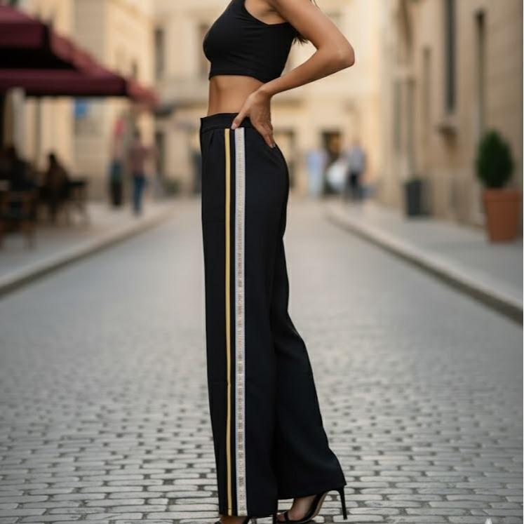 FP9024B Women's Classic Cotton Straight Pants with Yellow or White Stripes