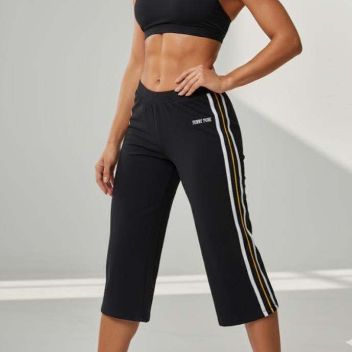 FP9050-7 Women's Classic Cotton Capri Pants with Triple Line Style in White & Yellow