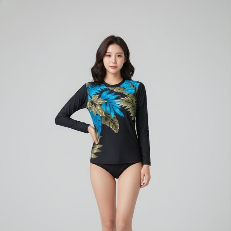 Women Swim Wear Rash Guard Top Crew Neck Long Sleeves Printed Shirt Top