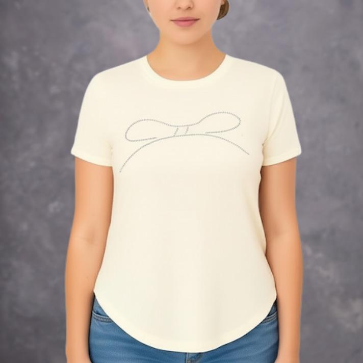 Bling Top Tee Shirt- Korean Style Women's Wear with Sparkling Designs on White Cream Fabric