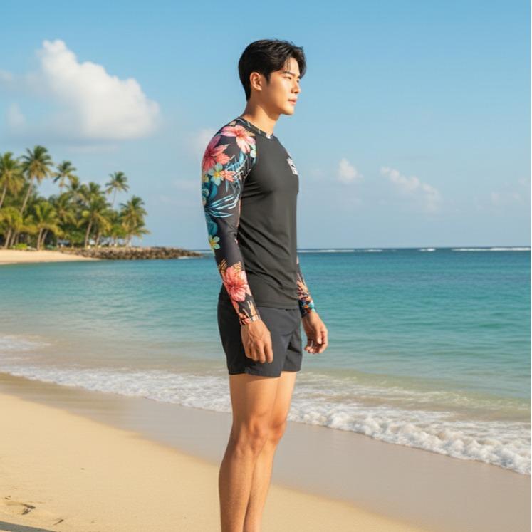 Men's RASH GUARD Aloha Hawaii Design Black Color (#19)