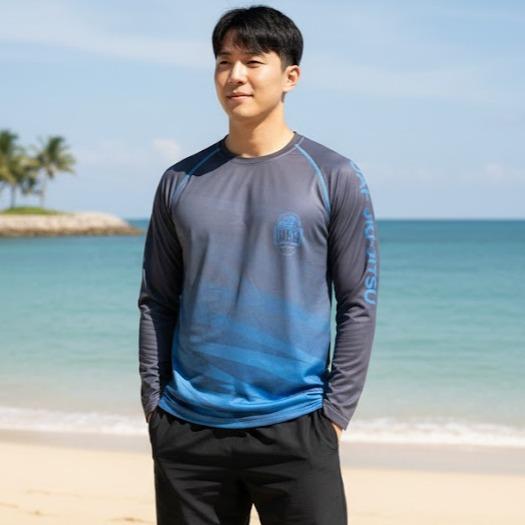 Men's Rash Guard Top Crew Neck Long Sleeves Printed Swim Shirt Top