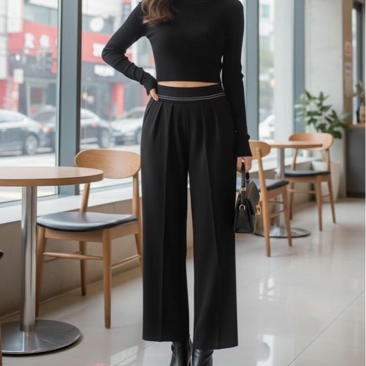 FPF028 Women's Classic Cotton Pants in Plain Black Color with Waist Beads