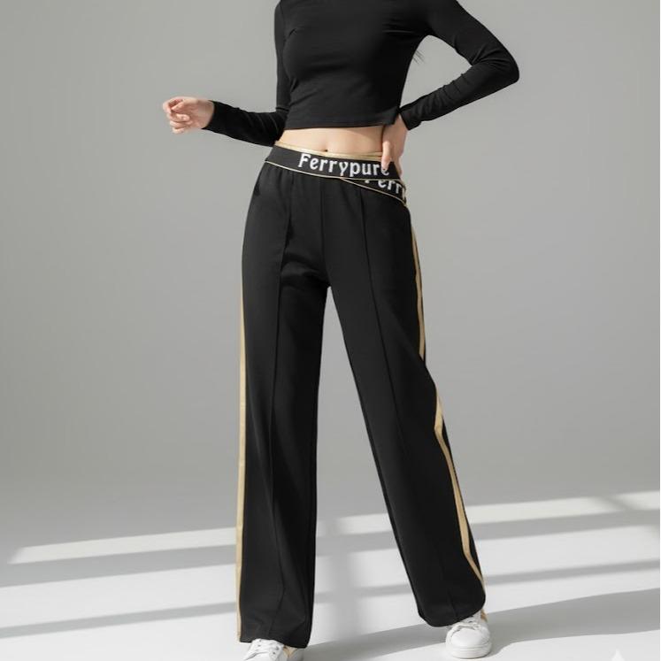 FP8045B Women's Classic Cotton Straight Pants with Yellow Stripes