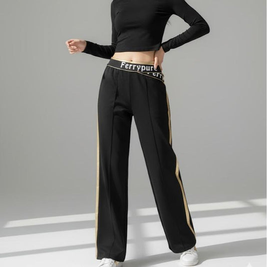 FP8045B Women's Classic Cotton Straight Pants with Yellow Stripes
