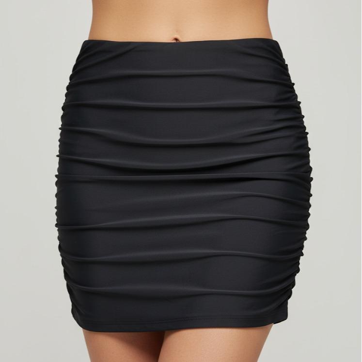 Plain Black Solid Skinny Ruched Slim Fit Mini Skirt (#25)