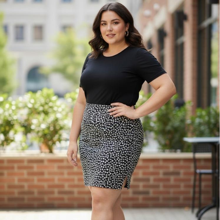 Sunflower Printed Black Plus Size Skirt with Cycling Short Inside (#38)