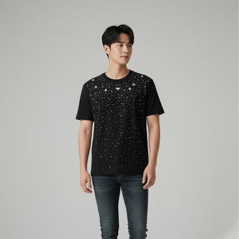 Men's High Fashion T-shirt in White & Black Color for Stylish Outfits with Beads & Bling