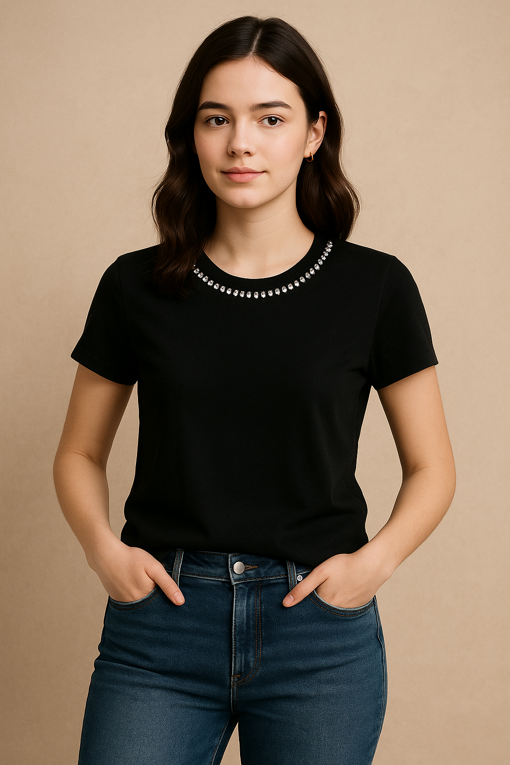 Black Jewel Neckline Chic Tee
