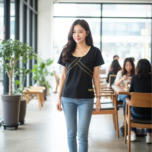 FP6695 Women's Classic Cotton Tee Shirt with Gold & Silver Lining - Black Short Sleeve Casual Top