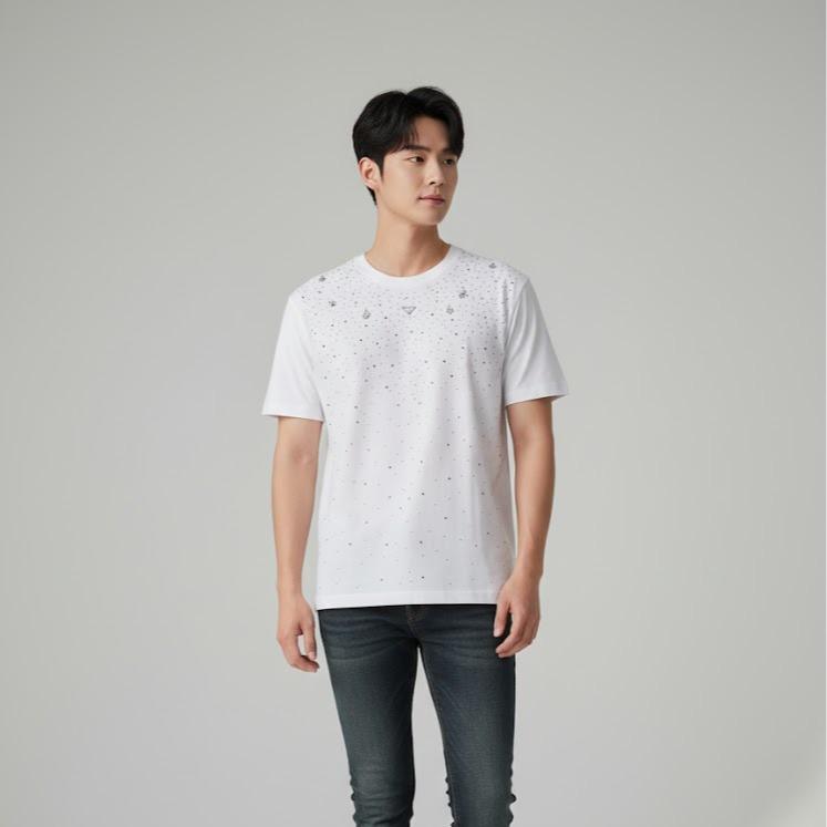 Men's High Fashion T-shirt in White & Black Color for Stylish Outfits with Beads & Bling