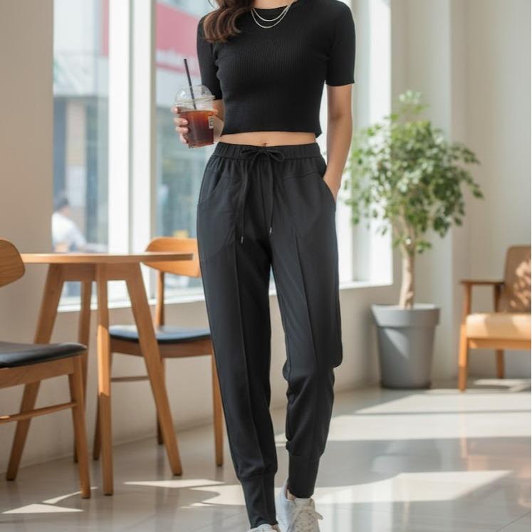 FP074-1 Women's Classic Ferry Pure Cotton Pants Plain Black Color