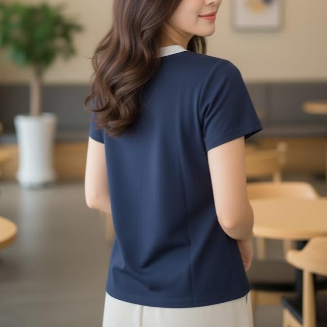 FP6690 Women's Cotton Top Tee Shirt Black & Dark Blue Color