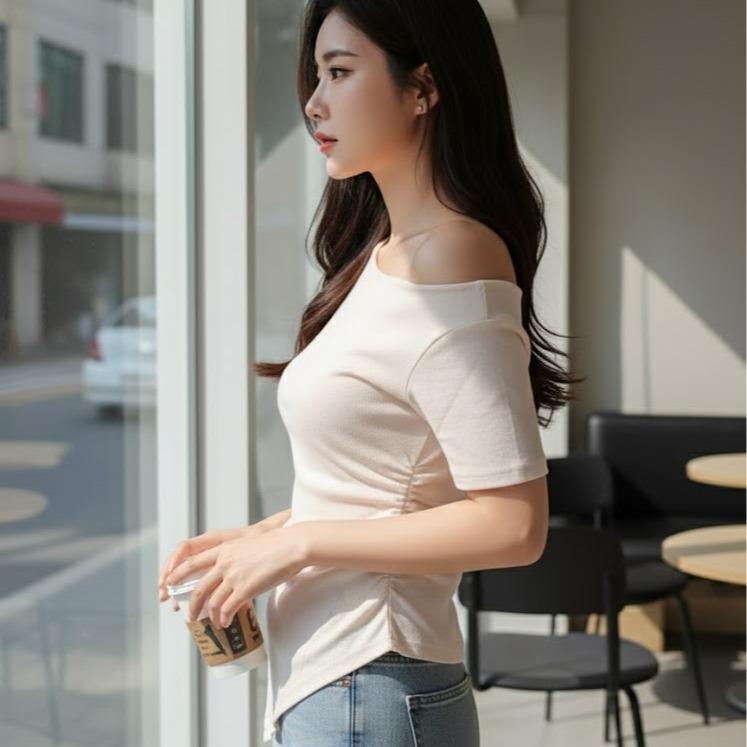 8822 Women's Cotton Plain Off-Shoulder in Cream & Black Color