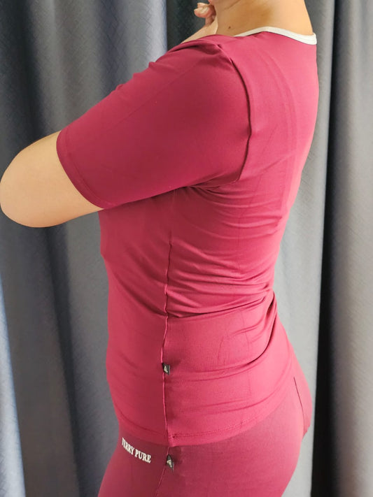 Ferry Pure Women’s Activewear V-Neck Top – Maroon with White Trim