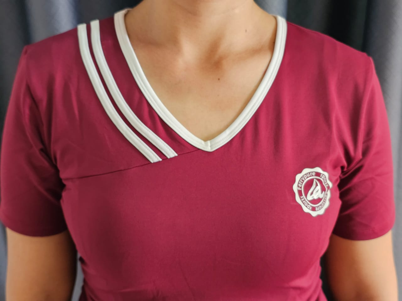 Ferry Pure Women’s Activewear V-Neck Top – Maroon with White Trim